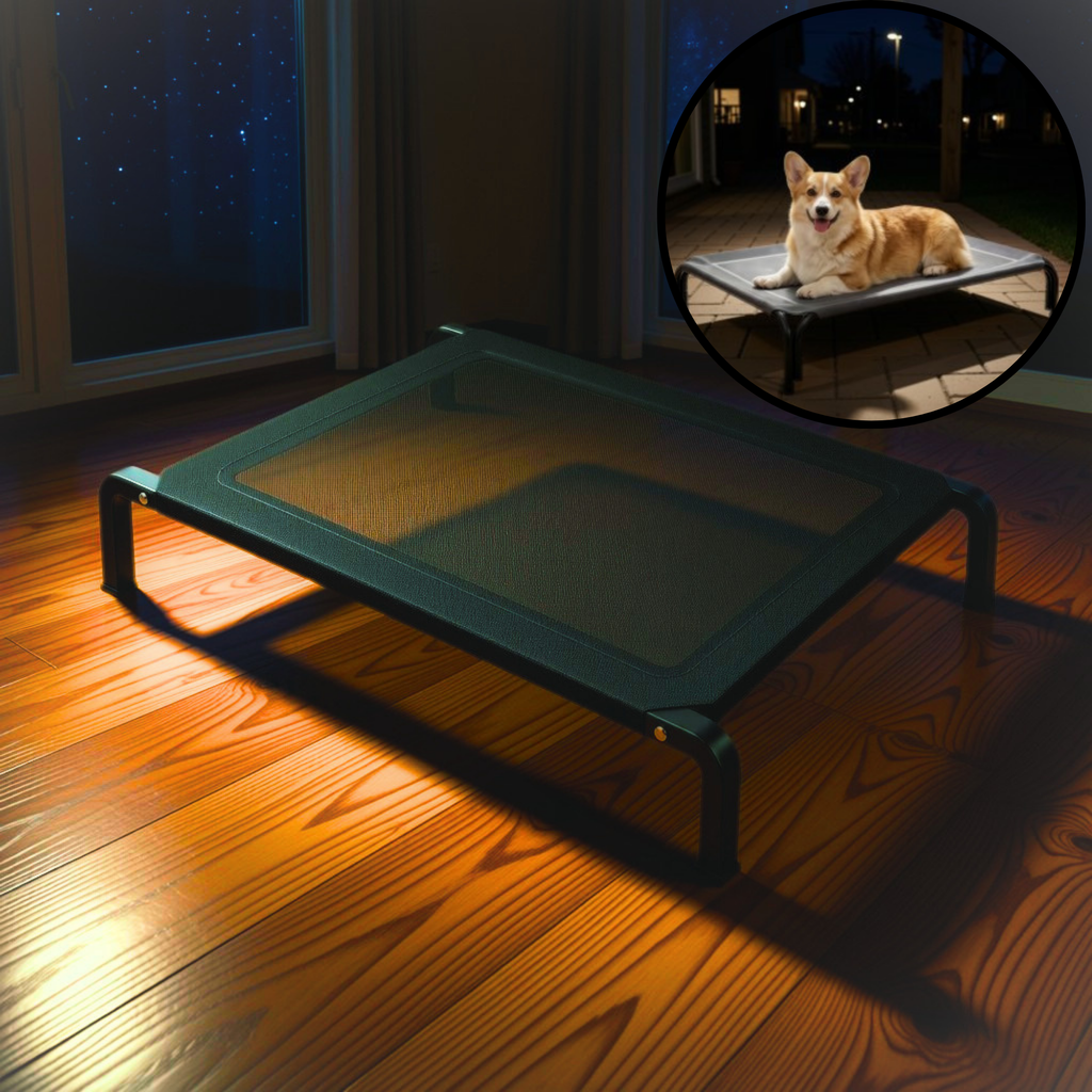 Cloud Hound elevated cooling dog bed with guardrail